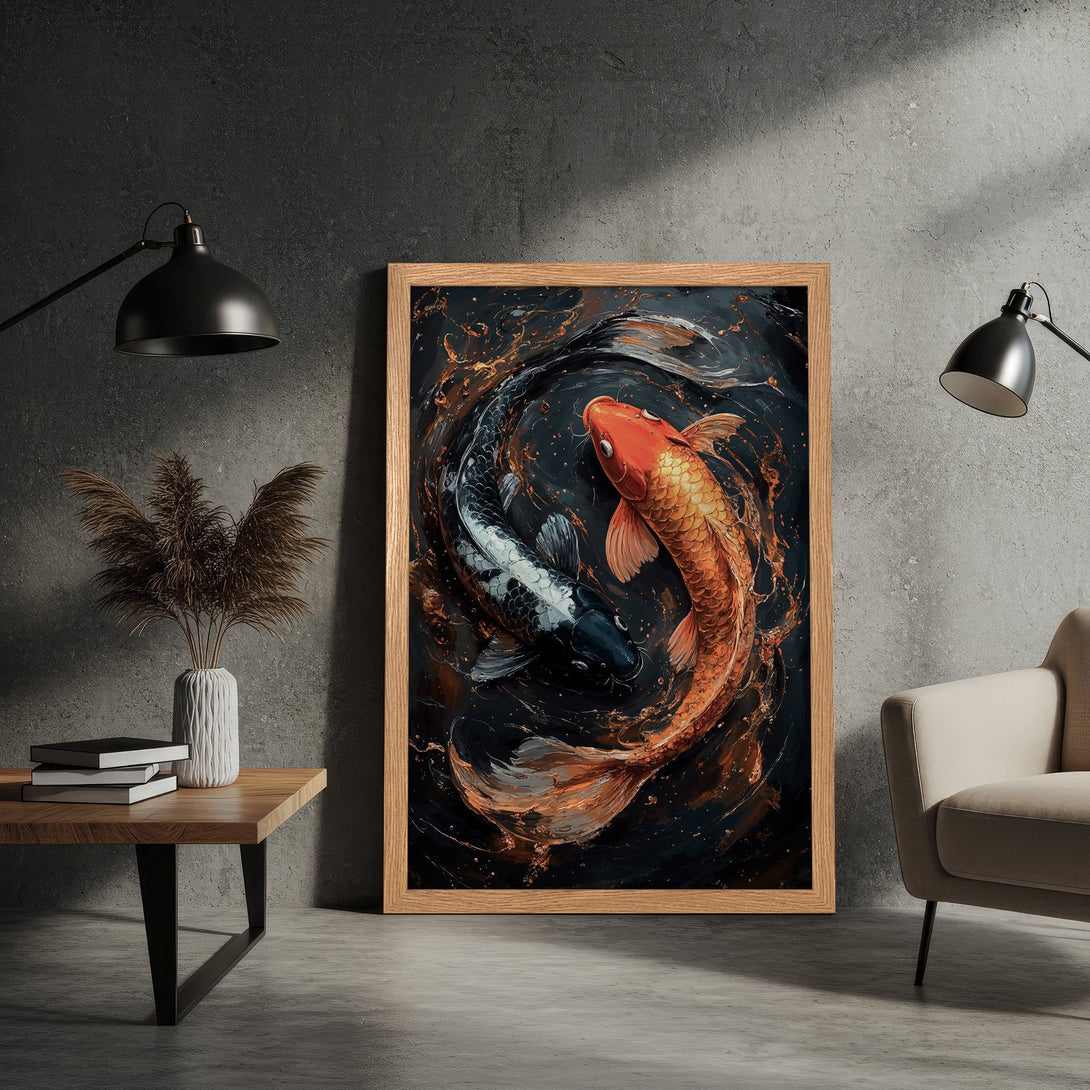 Framed Poster featuring koi fish in a dark, artistic style with a warm color palette, perfect for home decor.