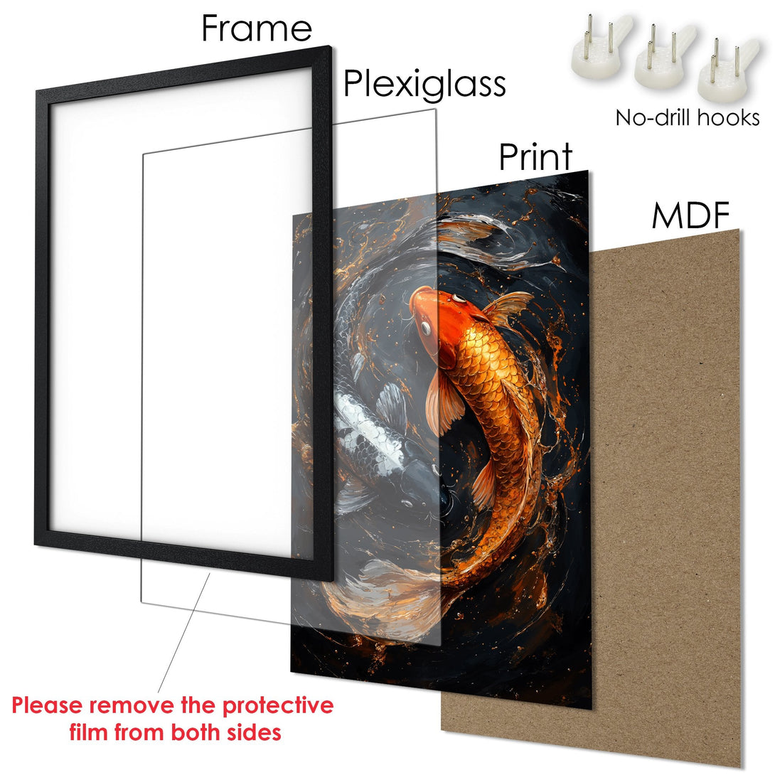 Framed Poster featuring koi fish art in a dark, moody style with orange and gold accents. Perfect wall decor!