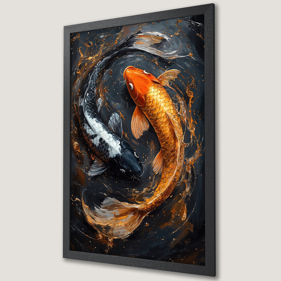 Framed Poster featuring koi fish art in a dark, abstract style with gold and orange accents. Perfect wall decor!