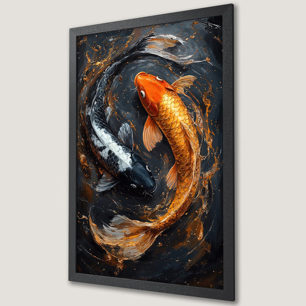 Framed Poster featuring koi fish art in a dark, abstract style with gold and orange accents. Perfect wall decor!