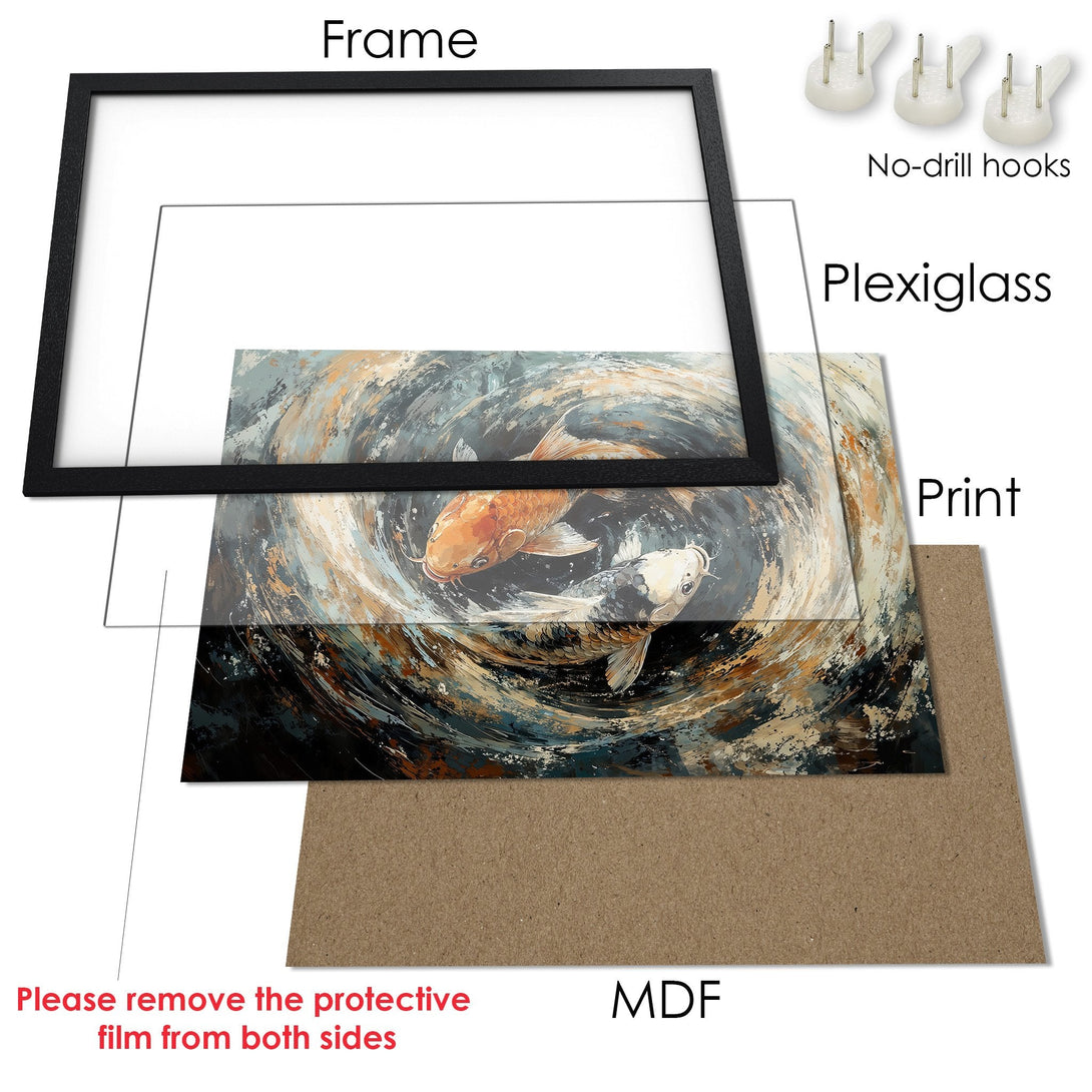 Framed Poster featuring koi fish art in a modern, abstract style with a muted, earthy color palette. Perfect wall decor!
