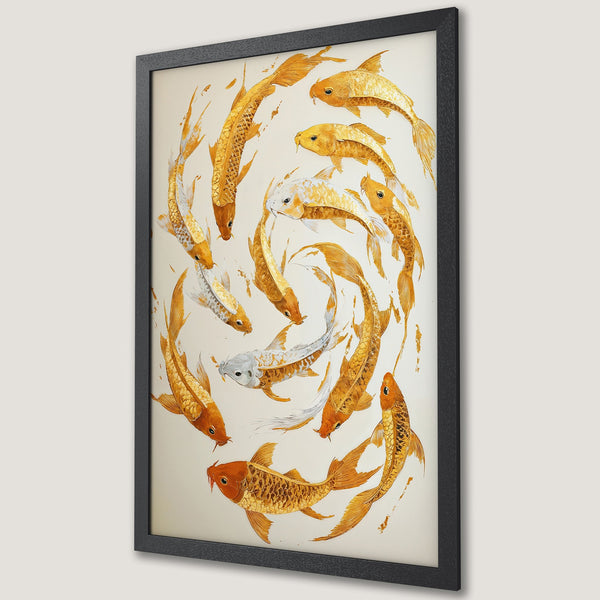 Framed Poster featuring golden koi fish art. Elegant, watercolor style with a warm, neutral color palette. Perfect wall decor.
