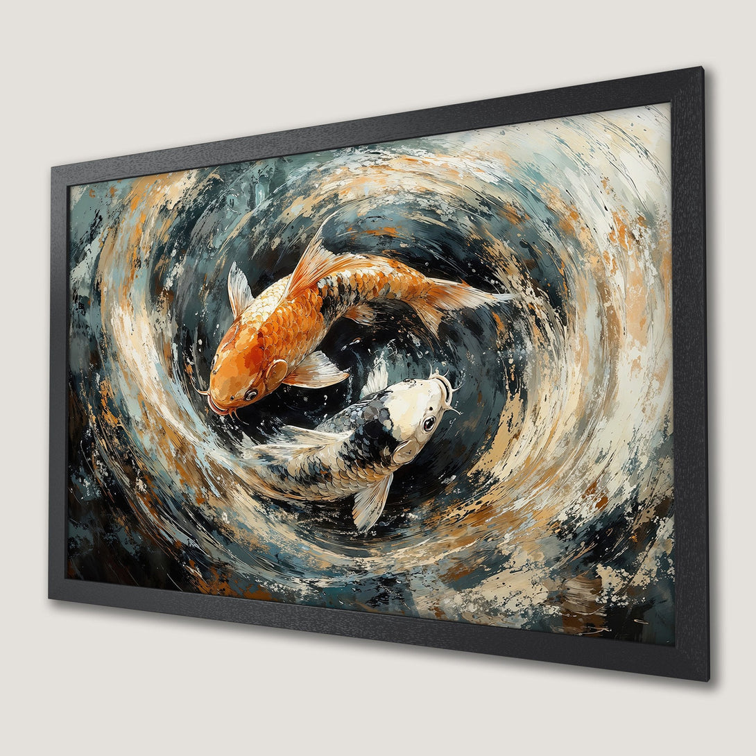Framed Poster featuring koi fish in an abstract style with a palette of orange, blue, and beige.
