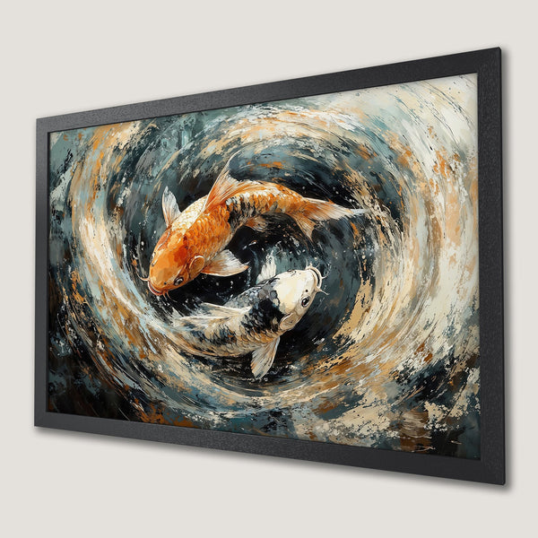 Framed Poster featuring koi fish in an abstract style with a palette of orange, blue, and beige.