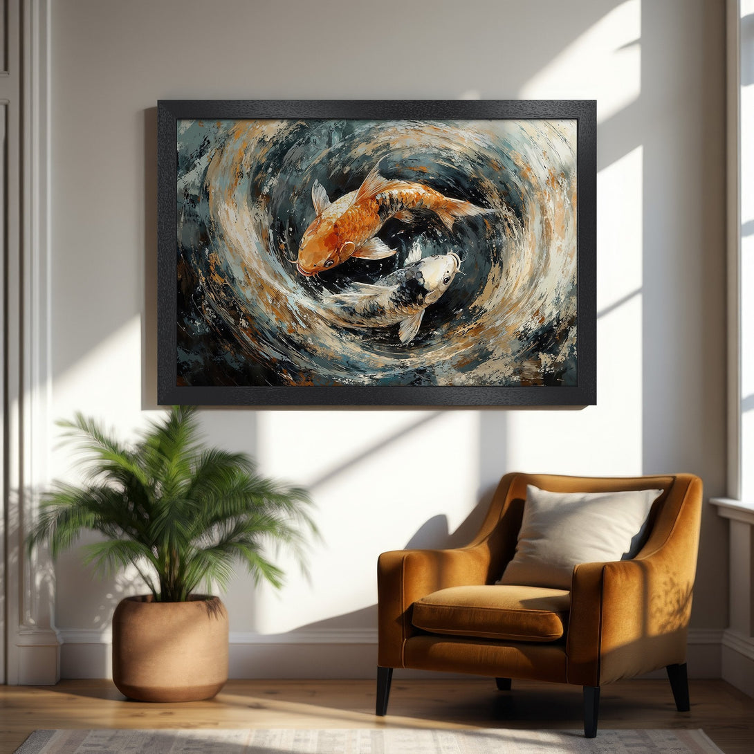 Framed Poster featuring koi fish art in abstract style with a palette of orange, blue, and neutral tones. Perfect wall decor!