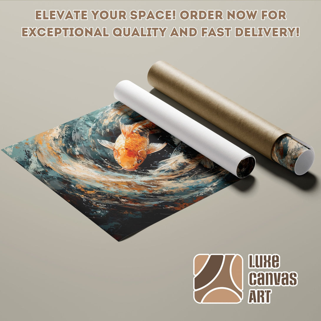 Koi fish art Poster Roll, abstract style, teal, orange, and brown color palette. Elevate your space!