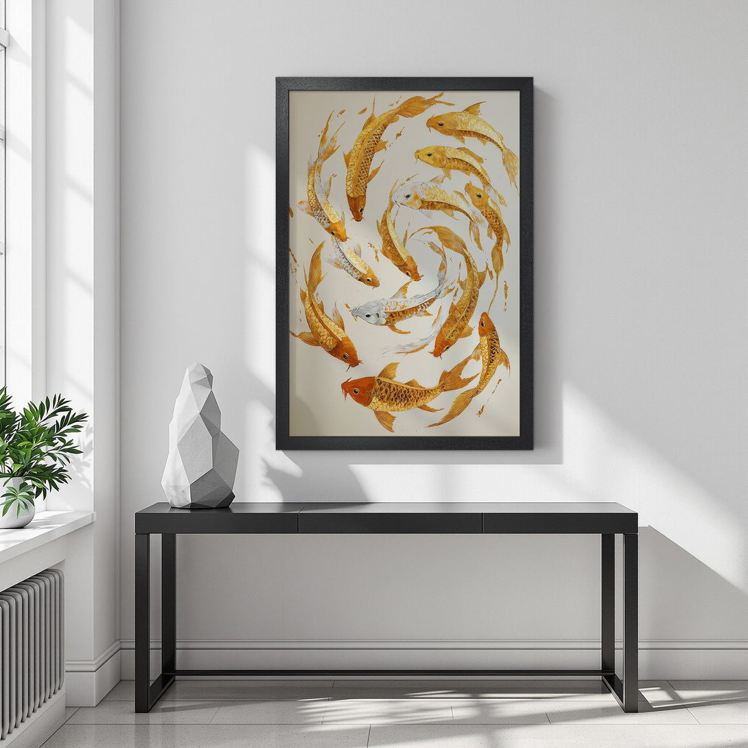Framed Poster featuring golden koi fish artwork. Modern style, warm color palette. Perfect wall decor for a serene and stylish home.