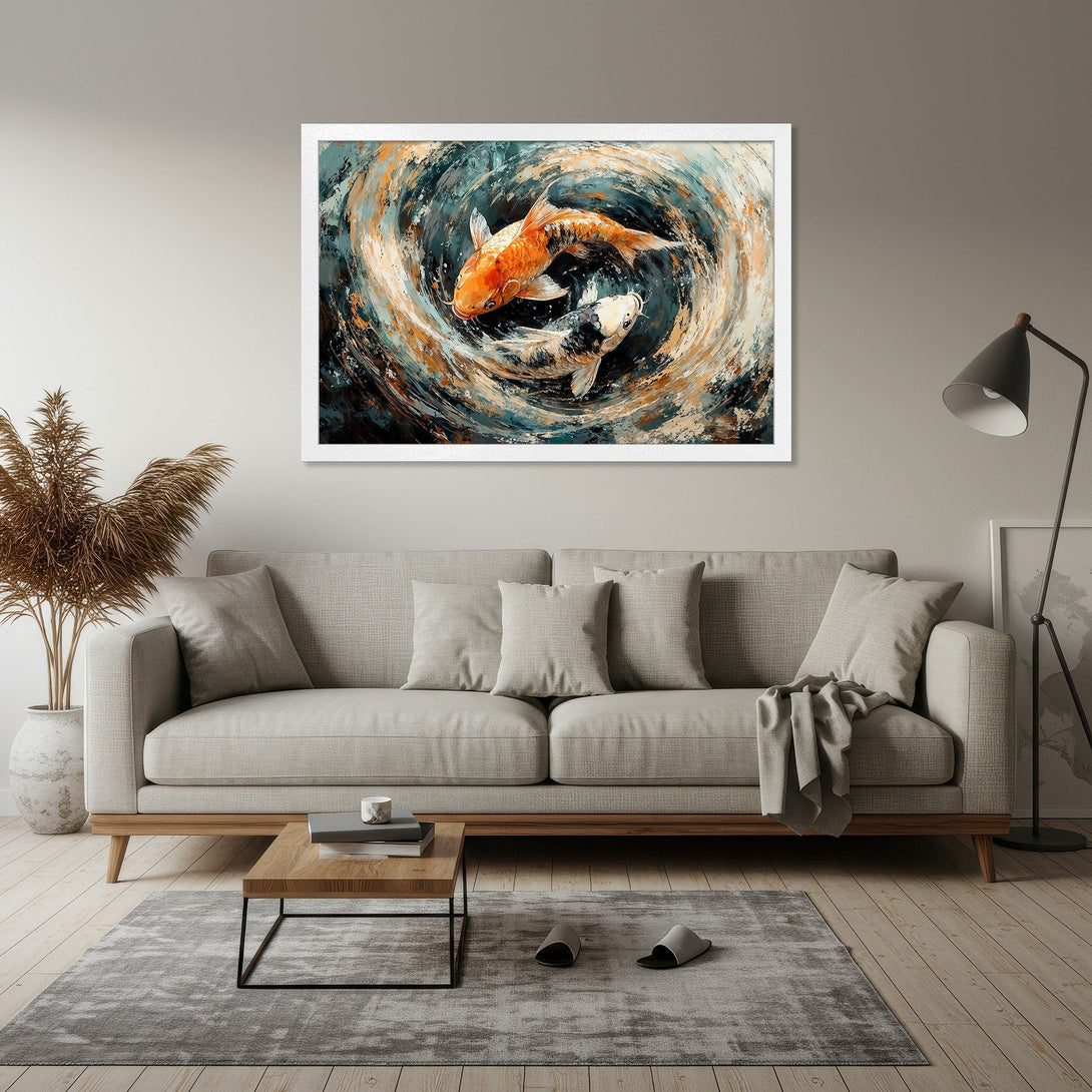 Framed Poster featuring koi fish in an abstract style, with a teal, orange, and neutral color palette. Perfect for adding a touch of zen to your home!