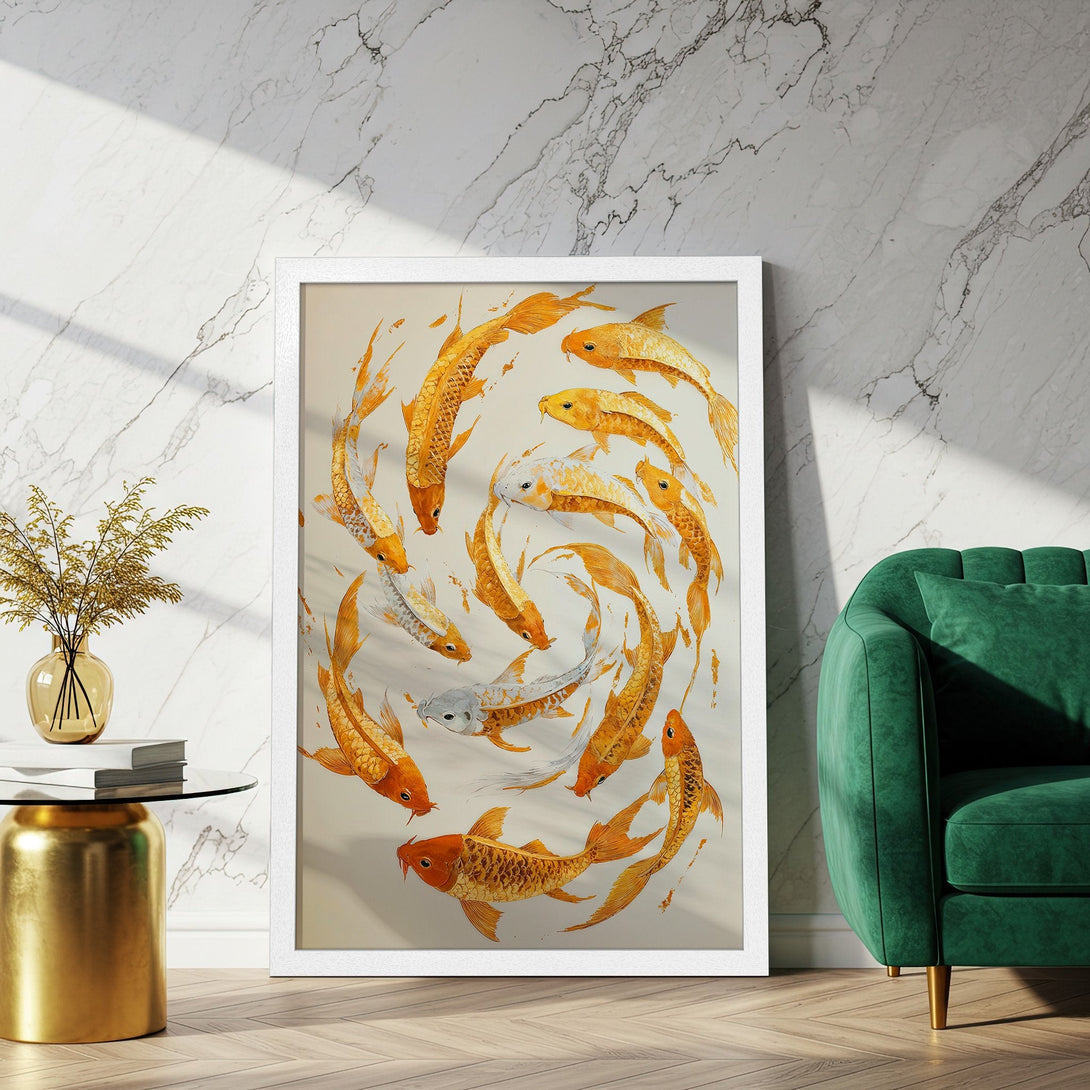 Framed Poster of Koi fish in warm orange tones. Artistic style, perfect for adding a touch of zen to your space.