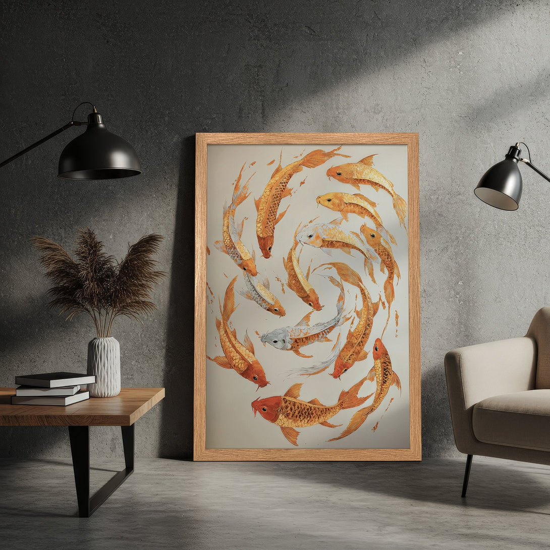 Framed Poster featuring koi fish art in warm orange and beige tones, perfect for modern home decor.