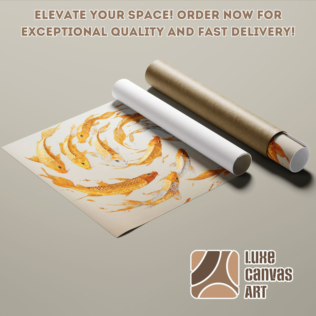 Koi fish art Poster Roll, warm orange & beige tones, perfect for home decor. Order now!