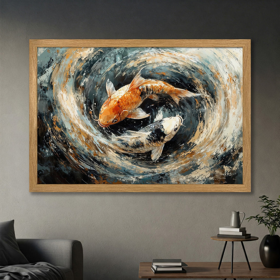 Framed Poster featuring koi fish in an abstract style with a blue, orange, and white color palette. Perfect wall art for your home!