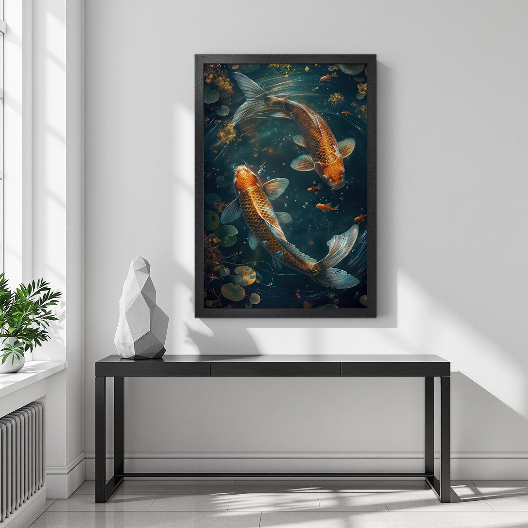 Framed Poster featuring koi fish in a pond. Artistic style with a teal, orange, and gold color palette. Perfect wall art for any room.