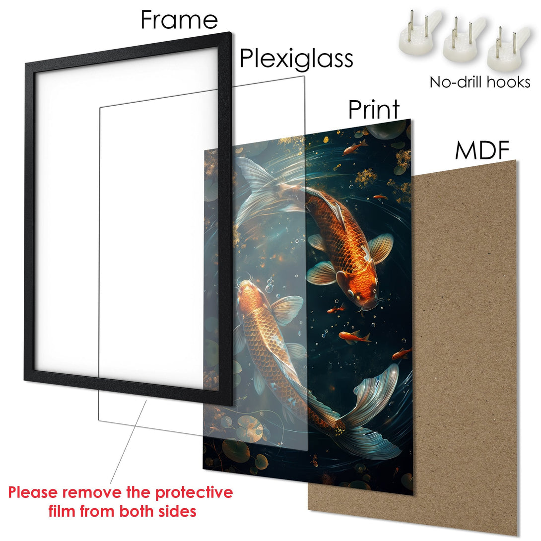 Framed Poster featuring koi fish art in a dark blue and orange palette. Modern style, ready to hang wall decor.