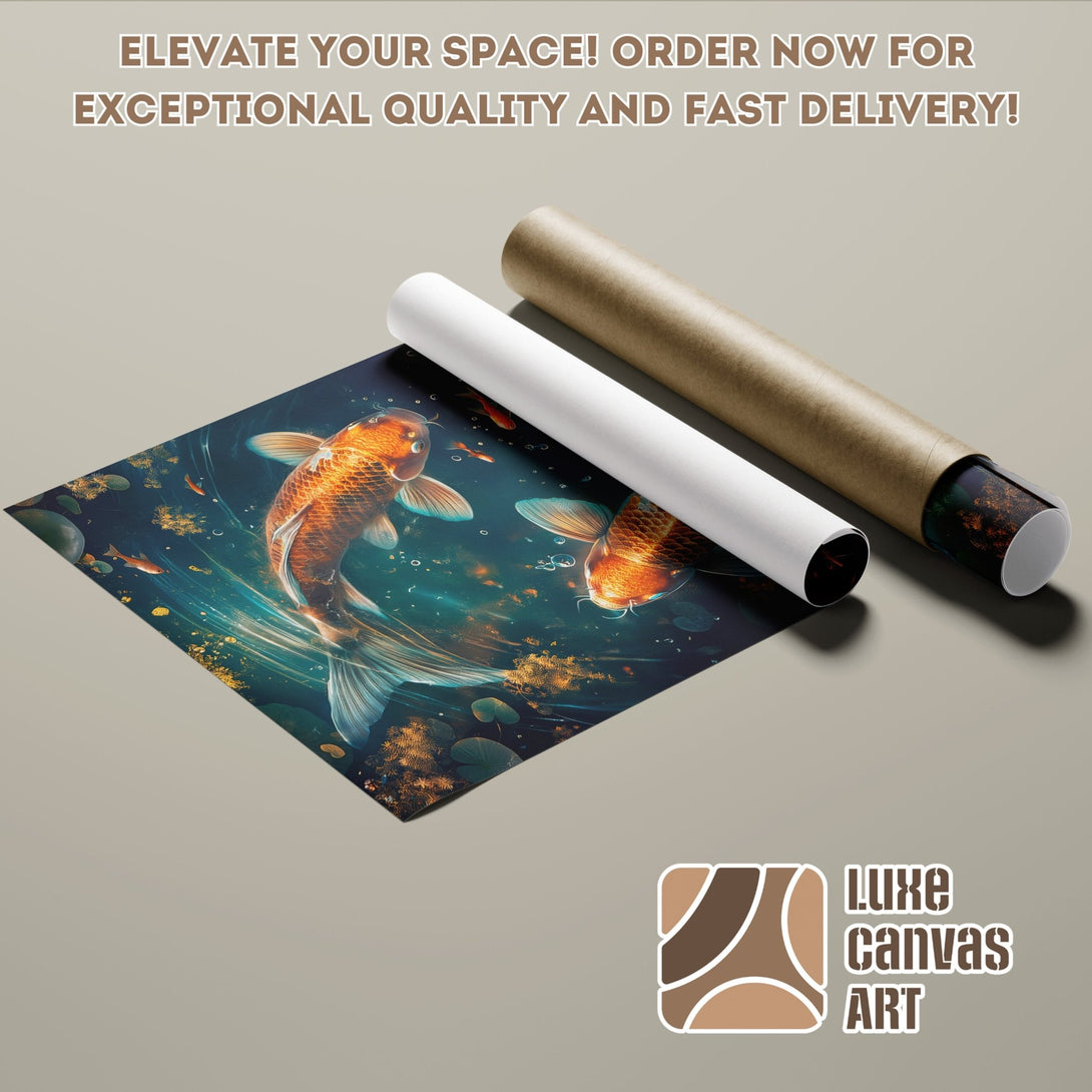 Koi fish Poster Roll art print, vibrant aquatic scene with orange, teal, and gold color palette. Elevate your space today!