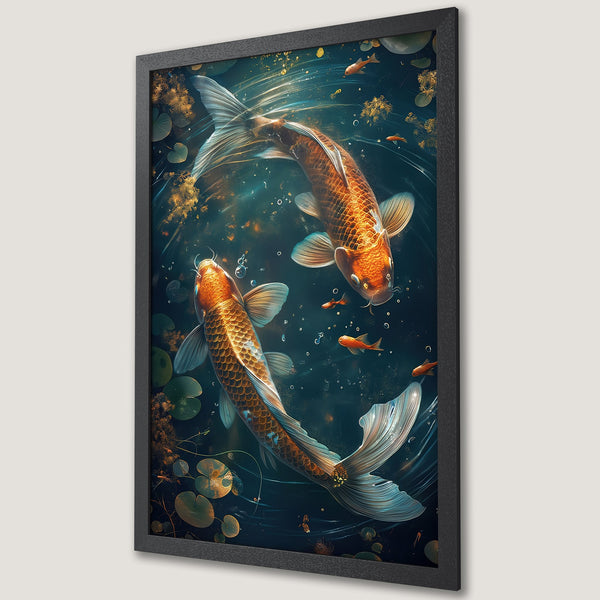 Framed Poster featuring koi fish in a pond, vibrant colors, and a painterly style. Perfect wall art for a serene space.