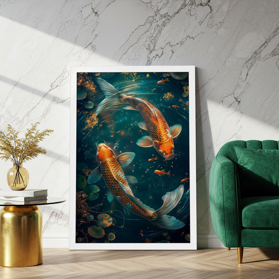 Framed Poster featuring koi fish in a serene, artistic style with a teal and orange color palette. Enhance your space with this beautiful art.