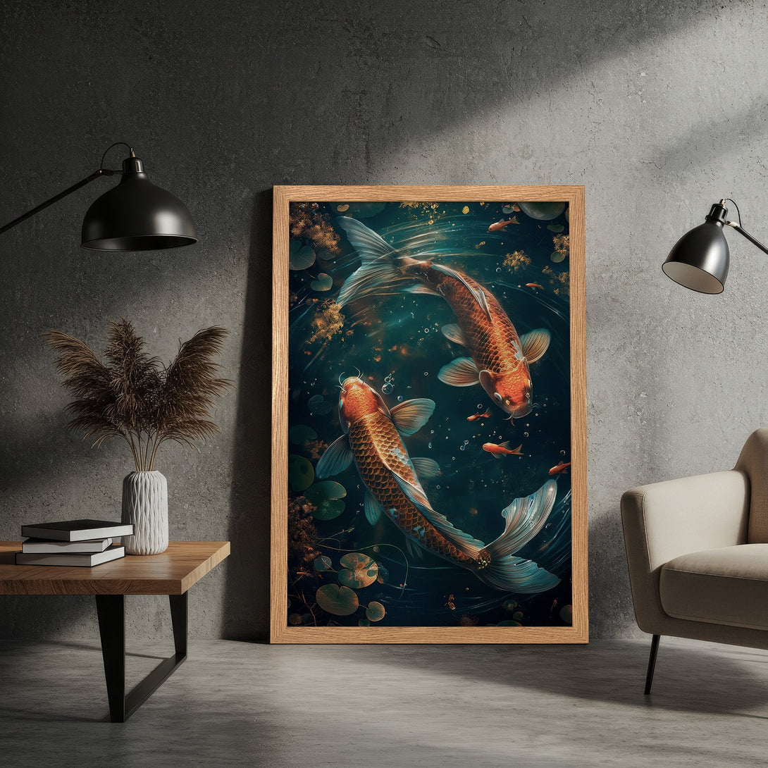 Framed Poster featuring koi fish in a serene, artistic style with a teal and orange color palette. Perfect wall art for your home!