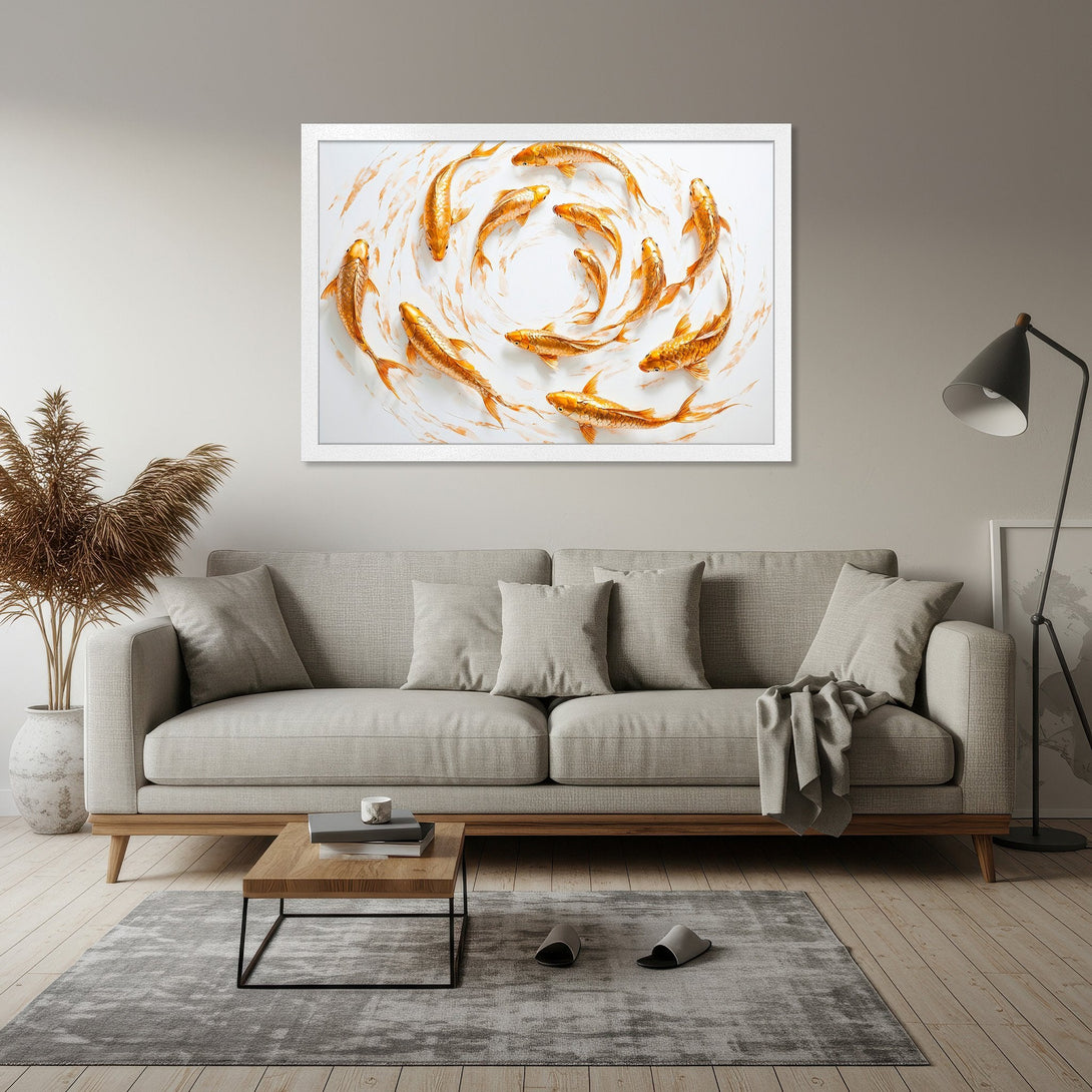 Framed Poster featuring golden koi fish art. Modern style, warm color palette. Enhance your living room with this beautiful wall art.