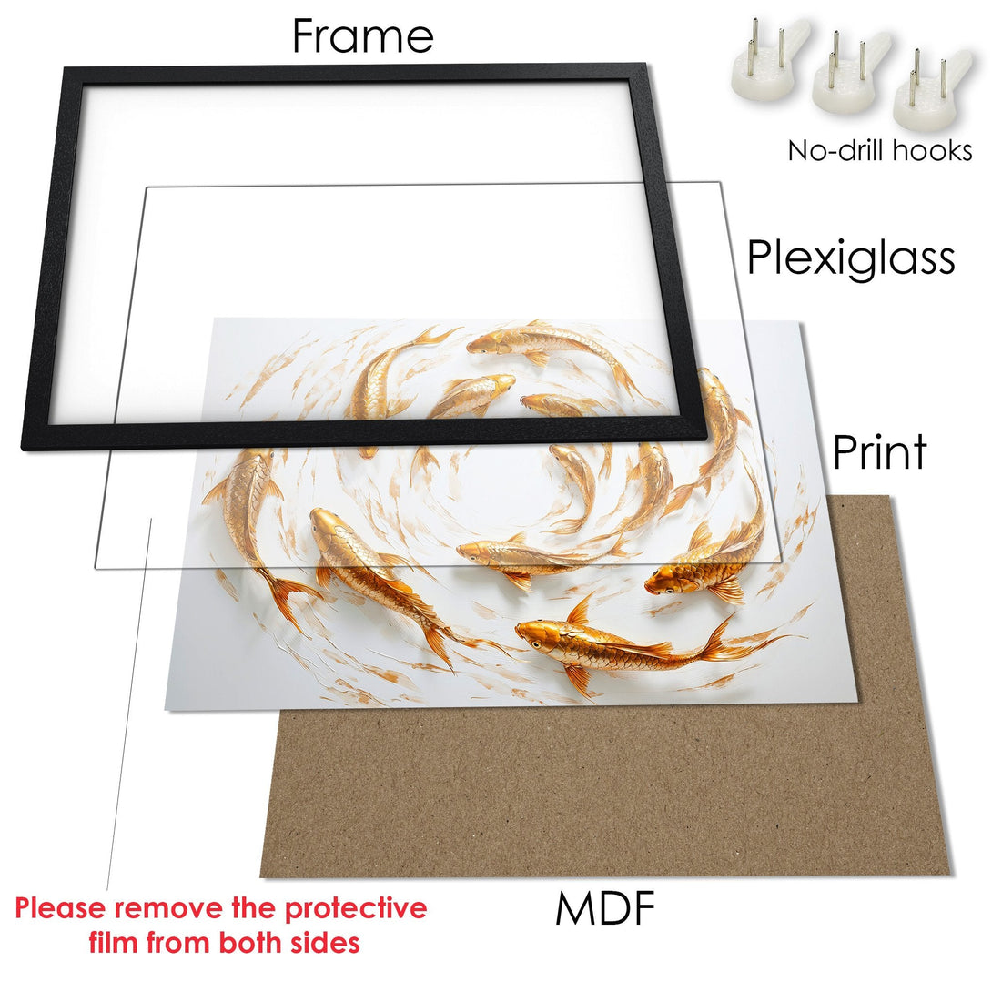Framed Poster featuring golden koi fish art. Elegant style with a warm, neutral color palette. Perfect wall decor for your home!
