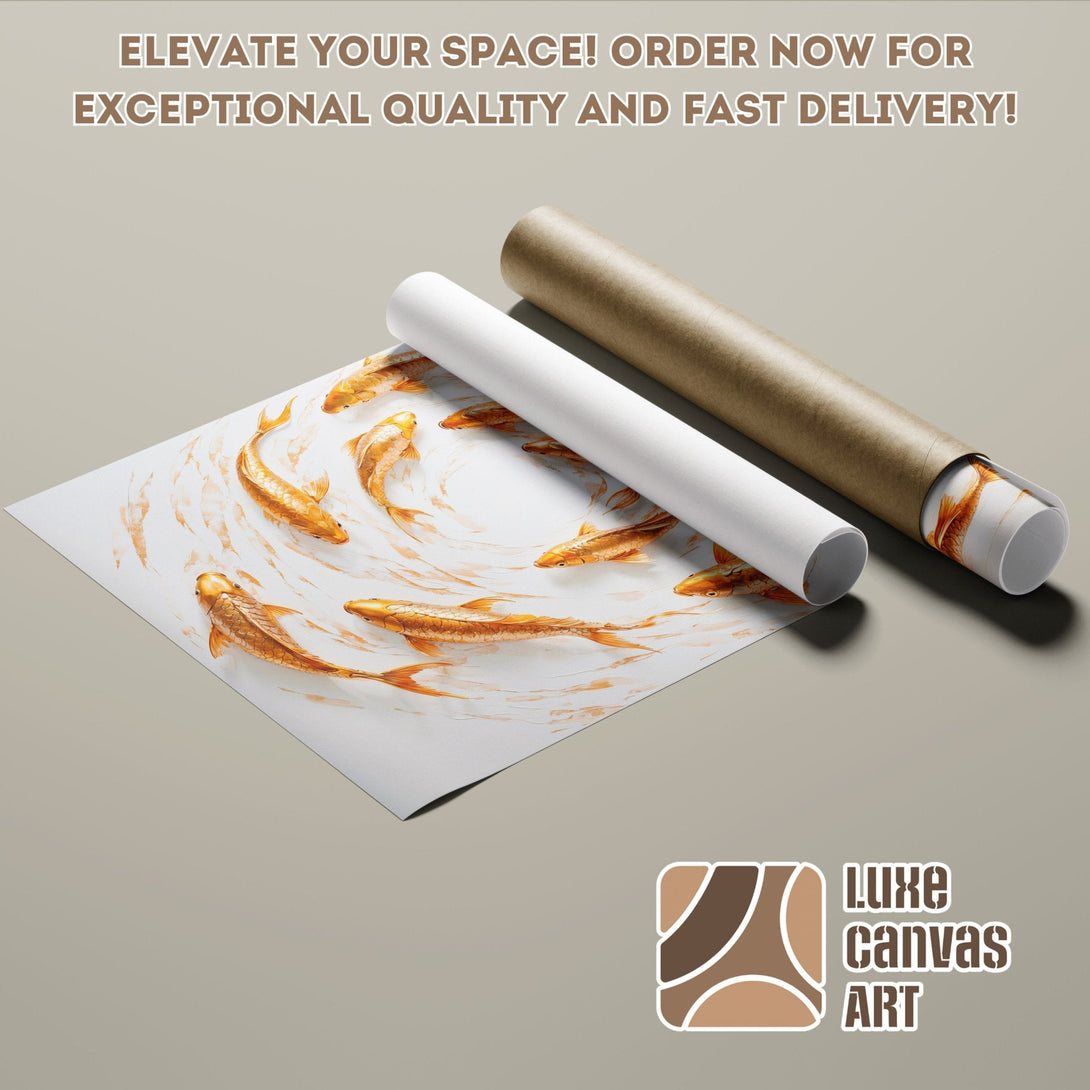 Koi fish art poster roll, warm orange and brown palette, perfect for home decor.