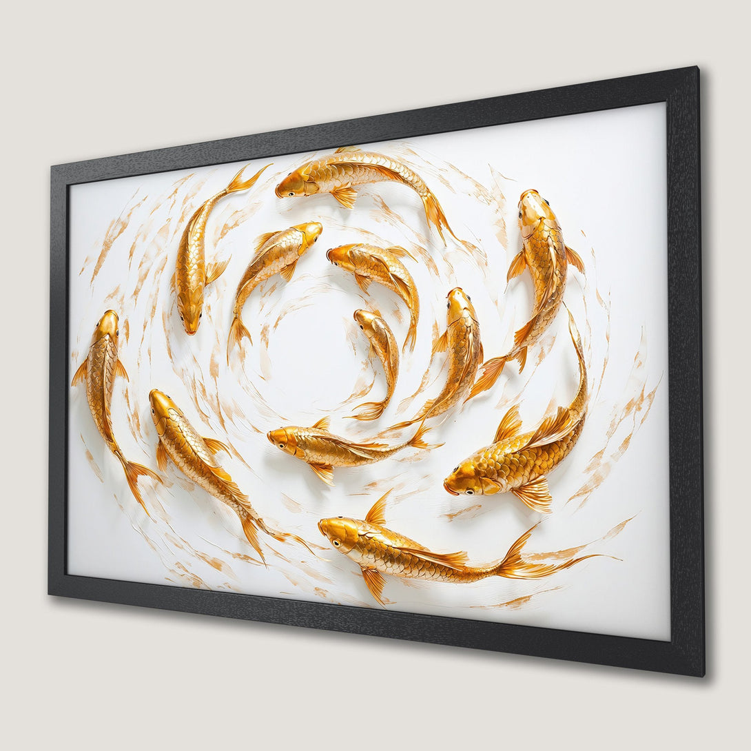 Framed Poster featuring golden koi fish in a swirling design. Modern art style with a warm, neutral color palette. Perfect wall decor.