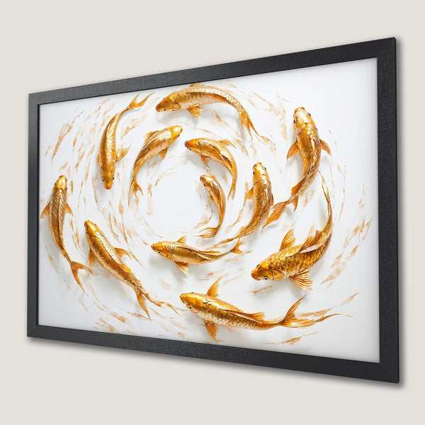 Framed Poster featuring golden koi fish in a swirling design. Modern art style with a warm, neutral color palette. Perfect wall decor.