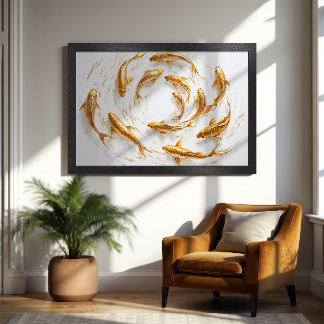 Framed Poster featuring golden koi fish art. Elegant style, warm gold and white color palette. Perfect wall decor!