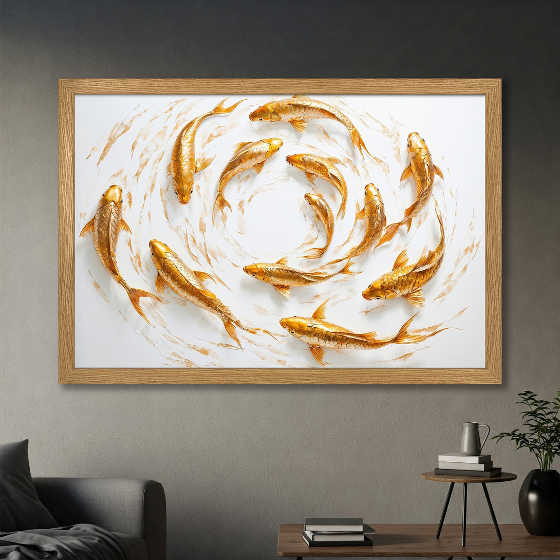 Framed Poster featuring golden koi fish in a swirling pattern. Elegant art print with a white, gold, and neutral color palette. Perfect wall decor.