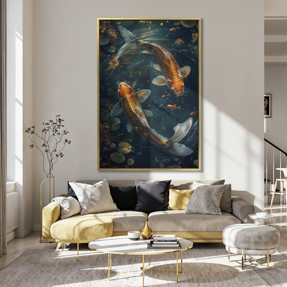 Canvas Print of koi fish in a pond. Artistic style with a dark, teal and gold color palette. Perfect wall art for home decor.