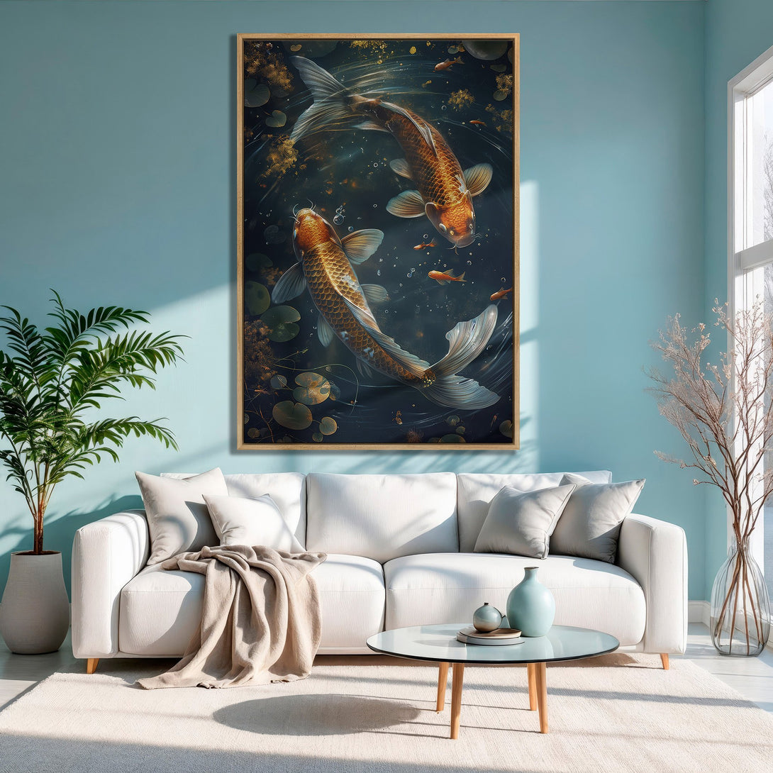 Framed Wall Art: Koi fish painting in a serene, dark teal and gold color palette. Adds a touch of zen to any living room.