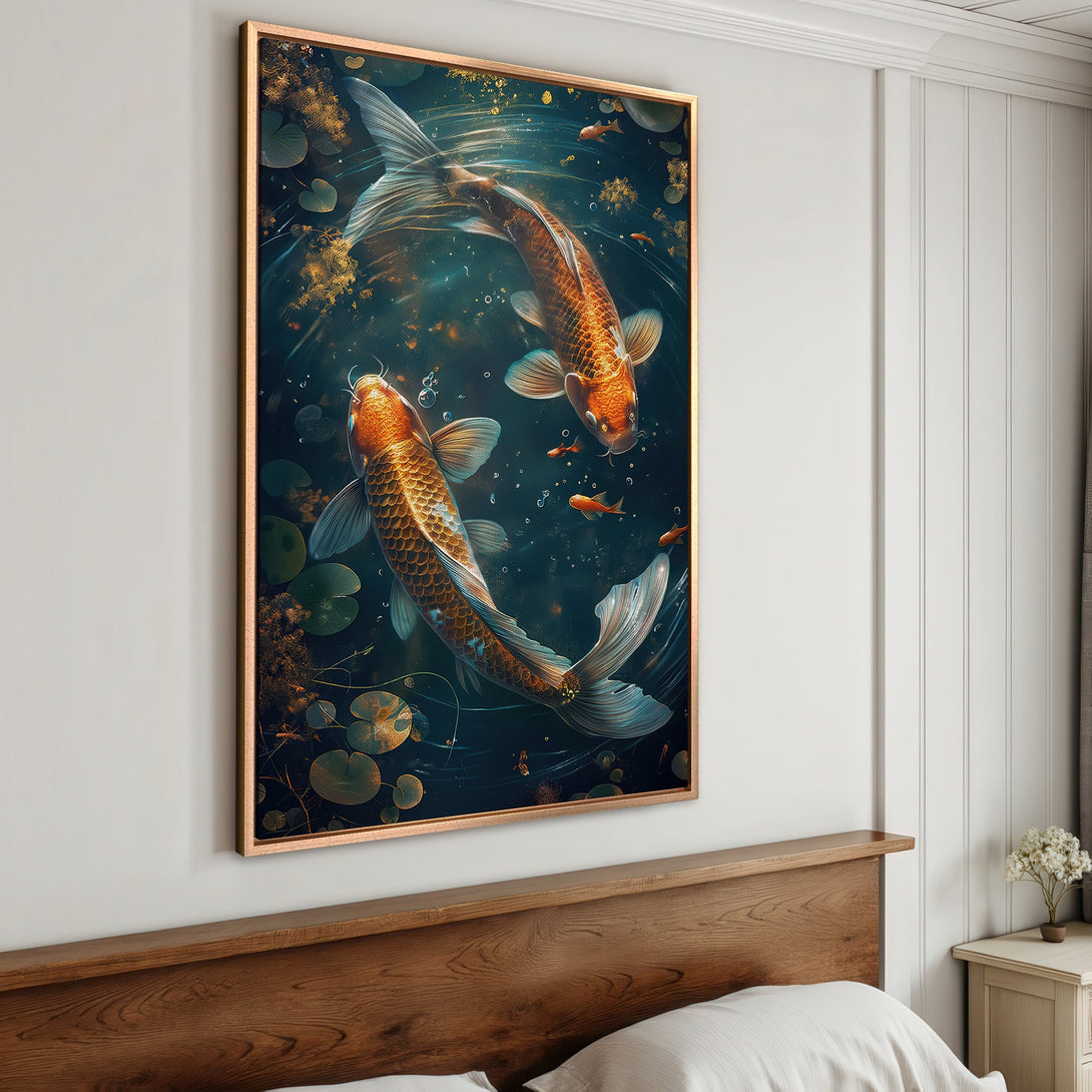 Framed Wall Art featuring elegant koi fish in a pond. Stunning artwork in teal, gold, and copper tones. Perfect for adding a touch of zen to your space.