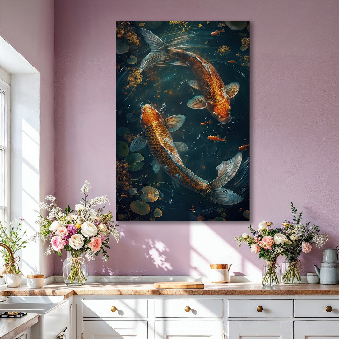Framed Wall Art featuring koi fish in a dark, moody style. Stunning gold and orange hues create a luxurious, zen-like atmosphere. Perfect for home decor.
