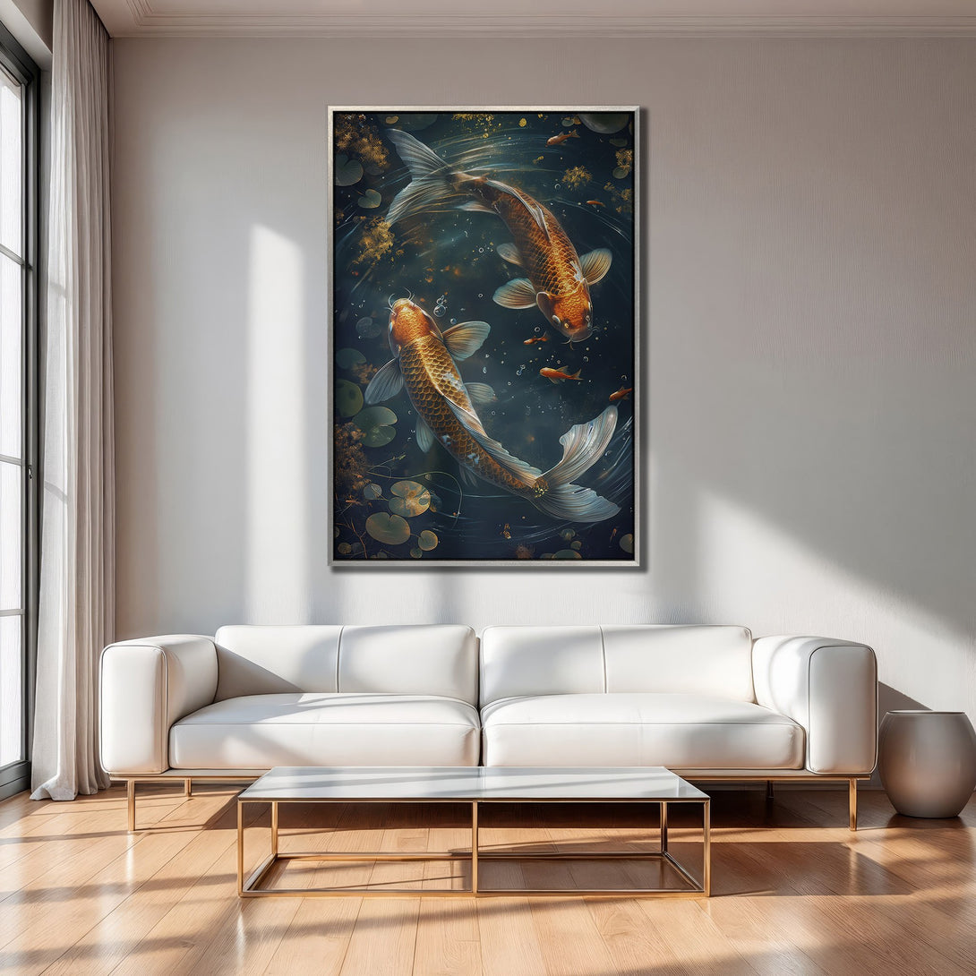 Framed Wall Art featuring koi fish in a pond. Stunning artwork with a dark blue and gold color palette, perfect for modern decor.