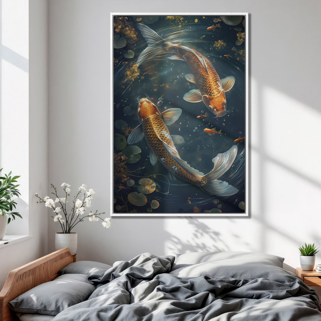 Framed Wall Art featuring a serene koi pond scene. Stunning gold and blue hues create a calming atmosphere. Perfect for bedroom decor.