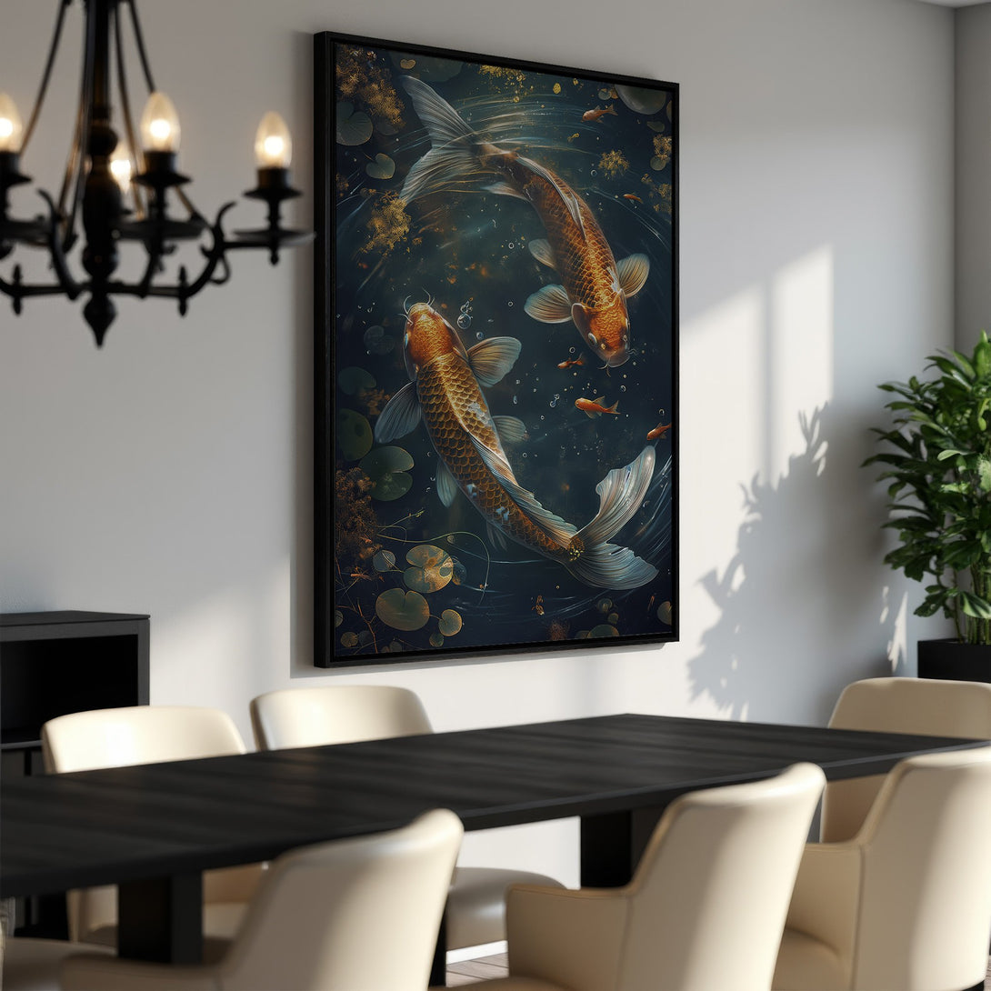 Framed Wall Art featuring koi fish in a serene pond. Earthy tones of orange, gold, and deep blue create a calming ambiance for your home.