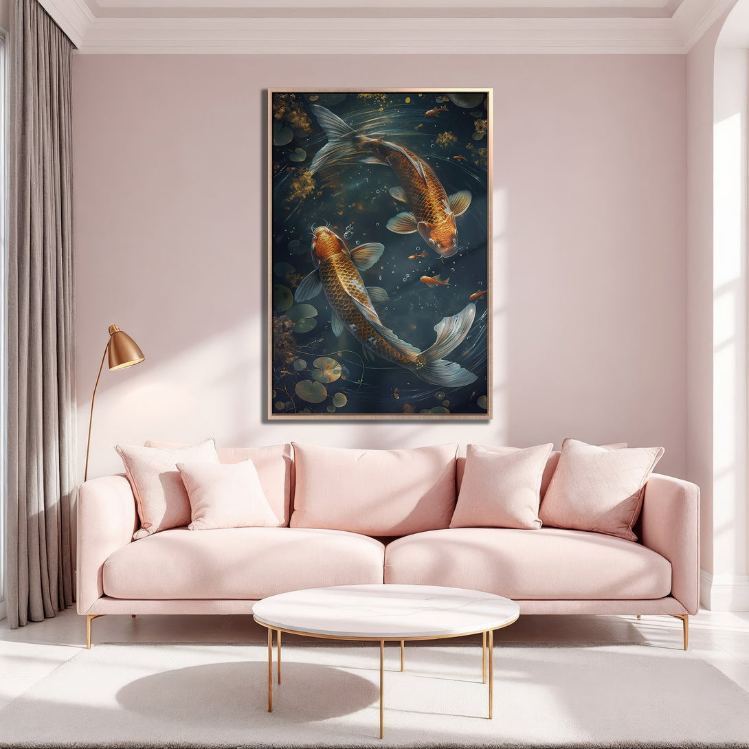 Framed Wall Art: Elegant koi fish painting in a modern interior. Warm gold and teal tones create a serene atmosphere. Perfect for living room decor.