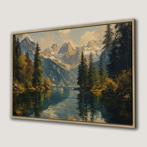 Framed Wall Art: Landscape Canvas Print of mountains and lake in a classic painting style with a warm, natural color palette. Perfect for home decor.