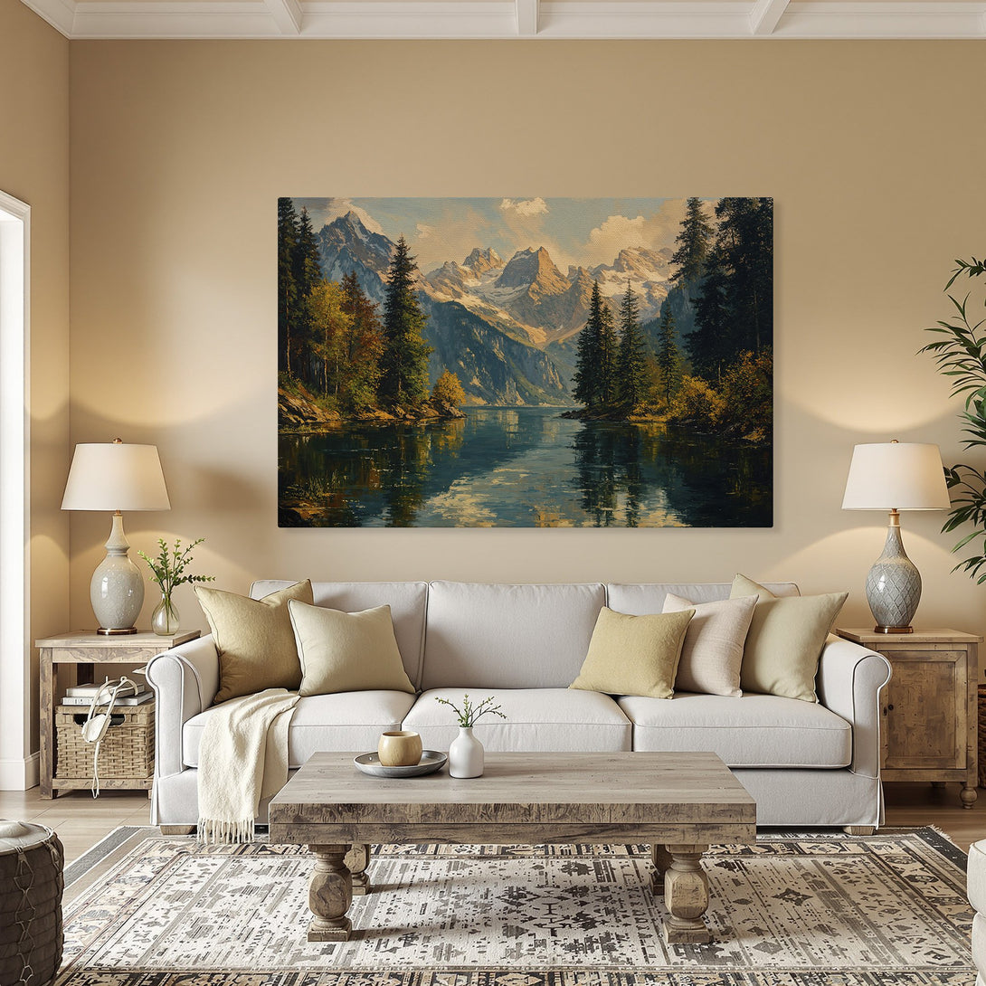 Framed Wall Art: Mountain lake landscape canvas print in warm, natural tones. Perfect for adding a touch of nature to your home decor.