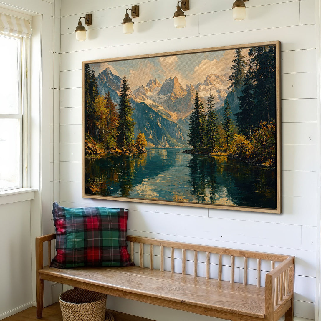 Framed Wall Art: Landscape painting of mountains and lake in a warm, natural color palette. Perfect for adding a touch of nature to your home decor.