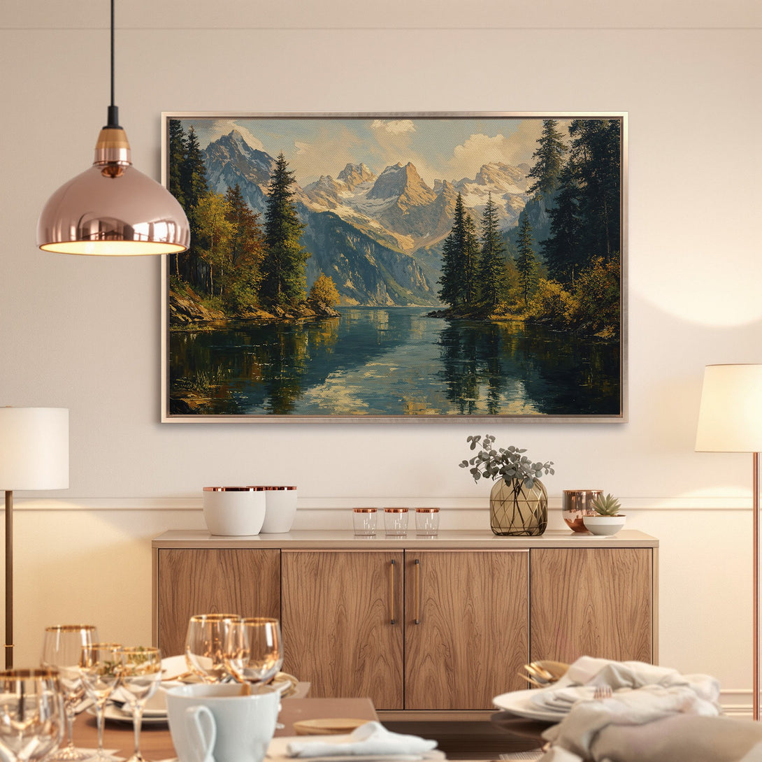 Framed Wall Art: Mountain landscape Canvas Print in warm tones. Add a touch of nature and elegance to your home decor. Shop now!