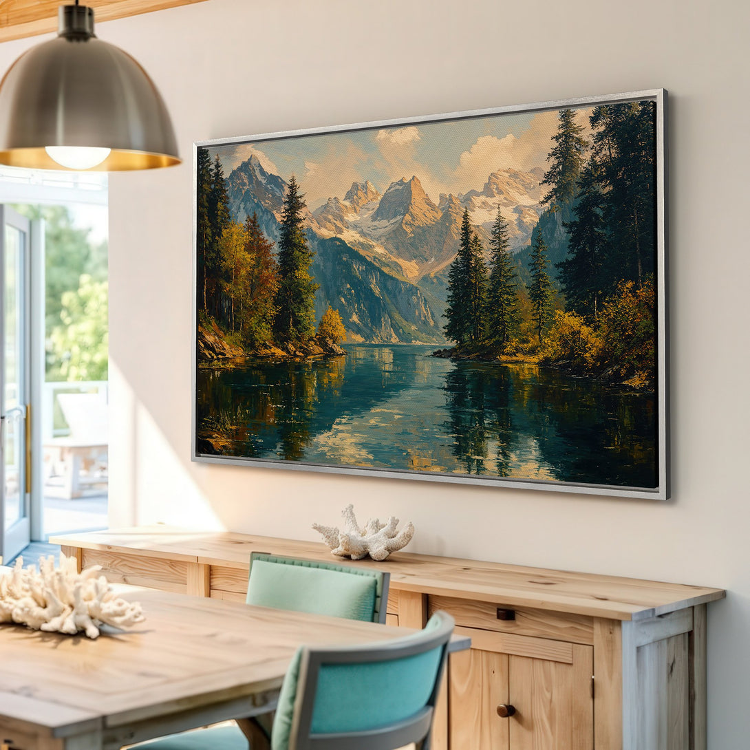 Framed Wall Art: Mountain landscape Canvas Print. Oil painting style with a serene lake scene, featuring blues, greens, and warm earth tones. Perfect for home decor.