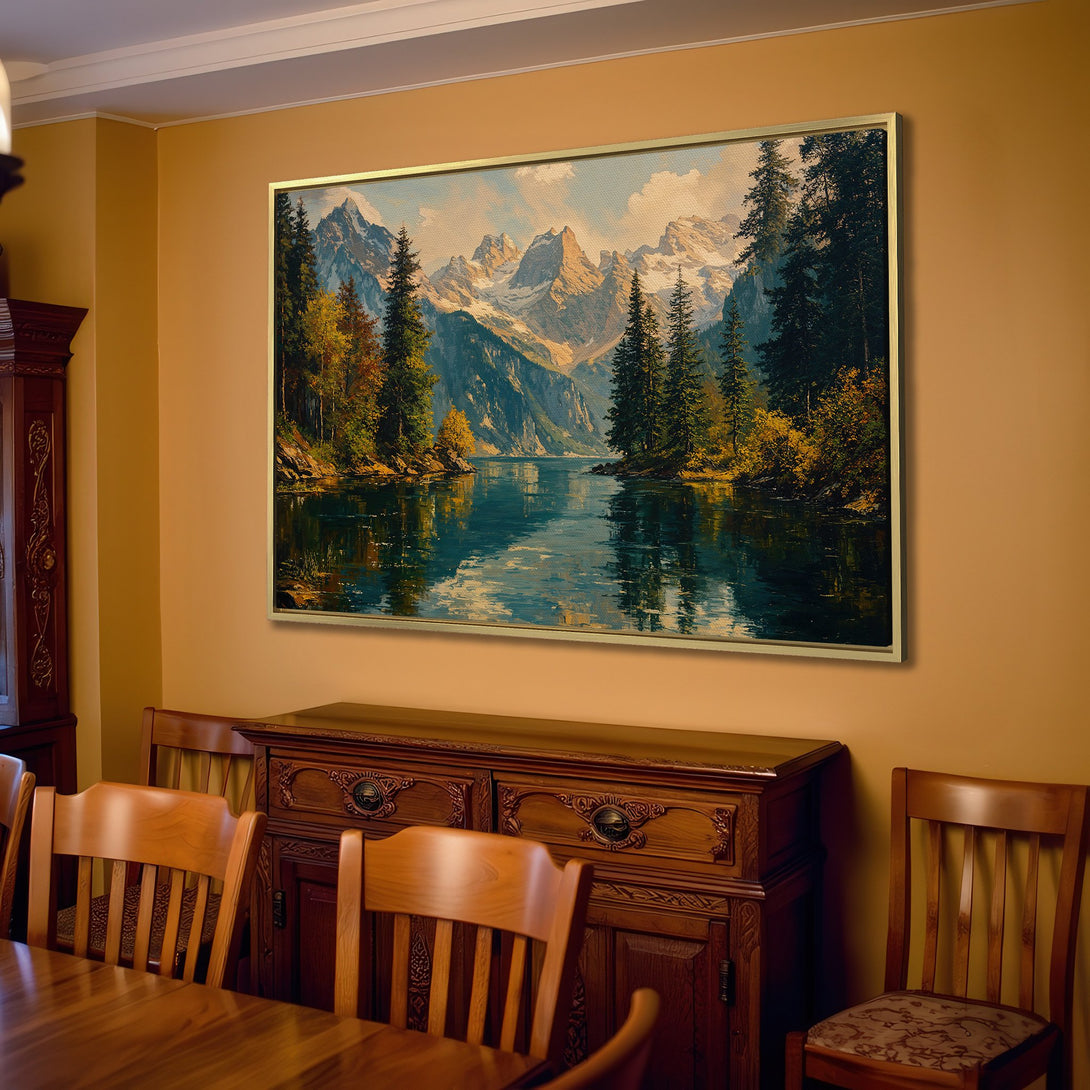 Canvas Print of a serene mountain lake scene. Earth-toned palette with blues, greens, and golds. Rustic interior design.