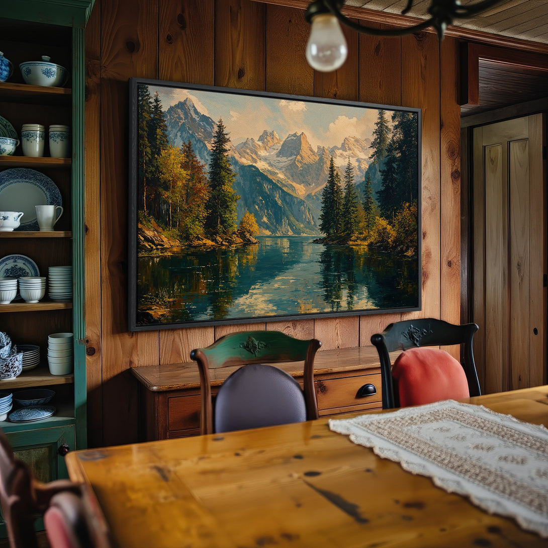 Framed Wall Art: Mountain landscape canvas print in warm tones, displayed in a cozy dining room. Bring nature's beauty indoors with this stunning artwork!