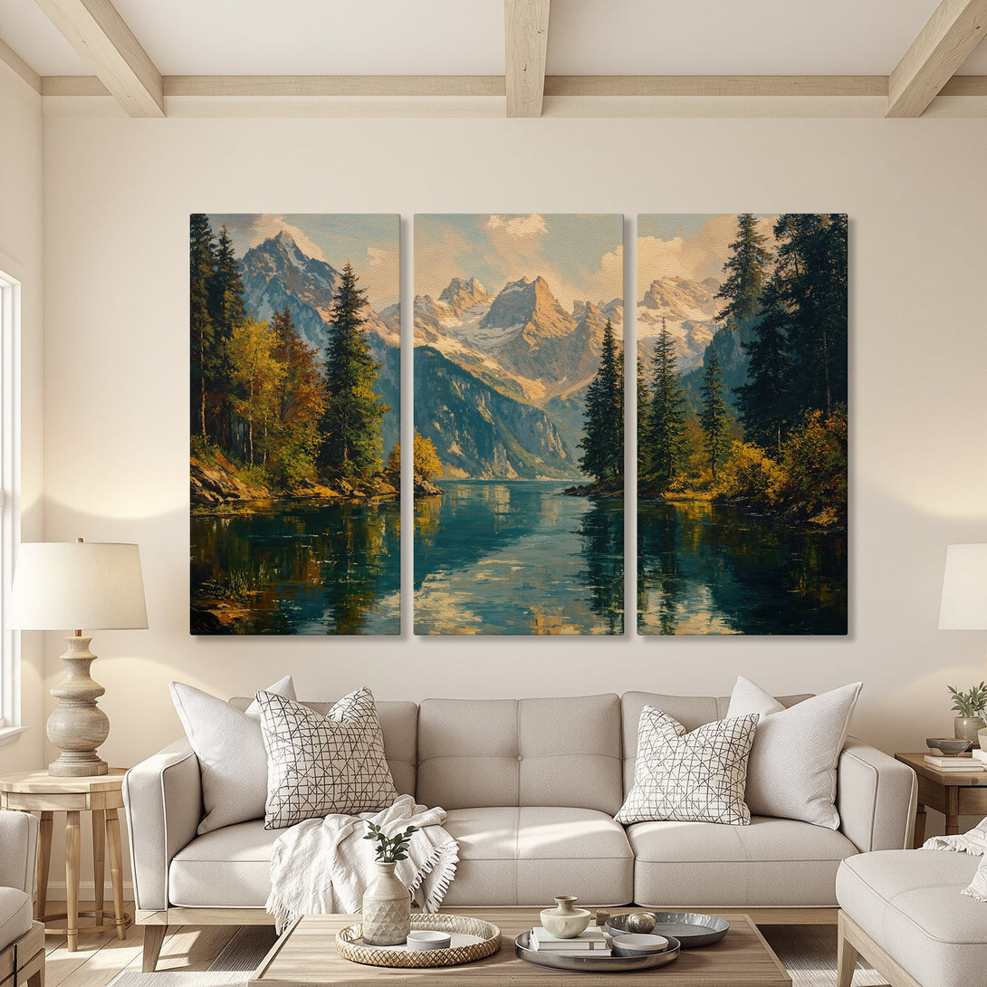 Canvas Print triptych of a serene mountain lake scene in a classic, painterly style. Features cool blues, greens, and warm autumn hues. Perfect wall art!