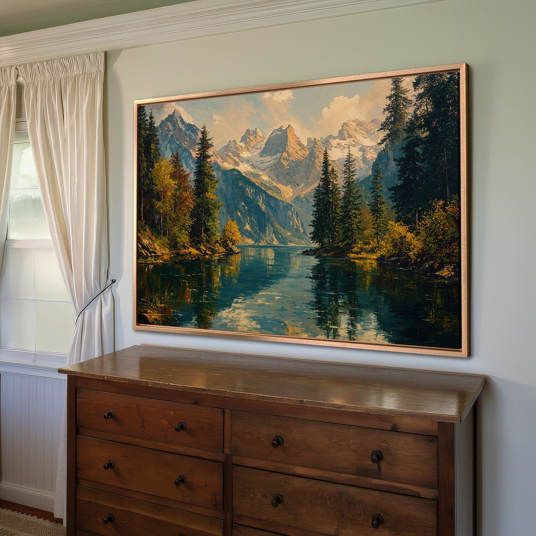 Framed Wall Art Canvas Print of a serene mountain lake landscape. Features a warm, natural color palette, perfect for adding a touch of nature to your home decor.