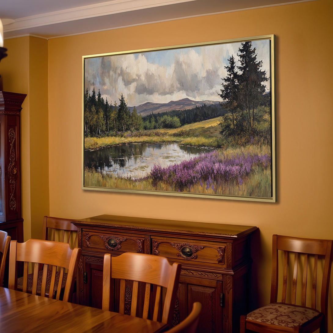 Canvas Print of a serene landscape painting in a neutral-toned living room. Features a lake scene with a natural, calming color palette.