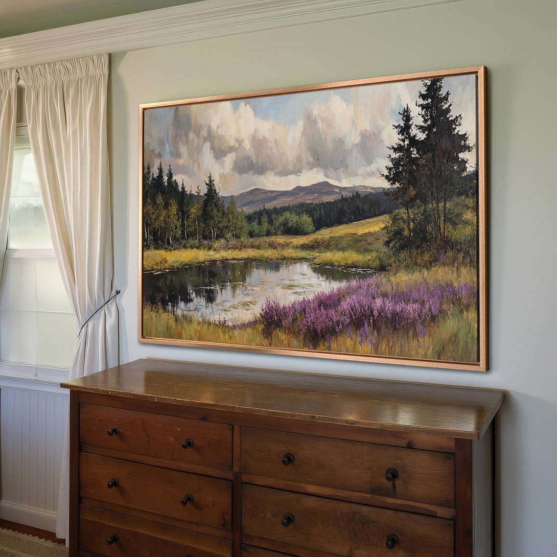 Framed Wall Art Canvas Print: Landscape painting with lake & purple flowers. Earthy color palette. Perfect for home decor & adding a touch of nature.