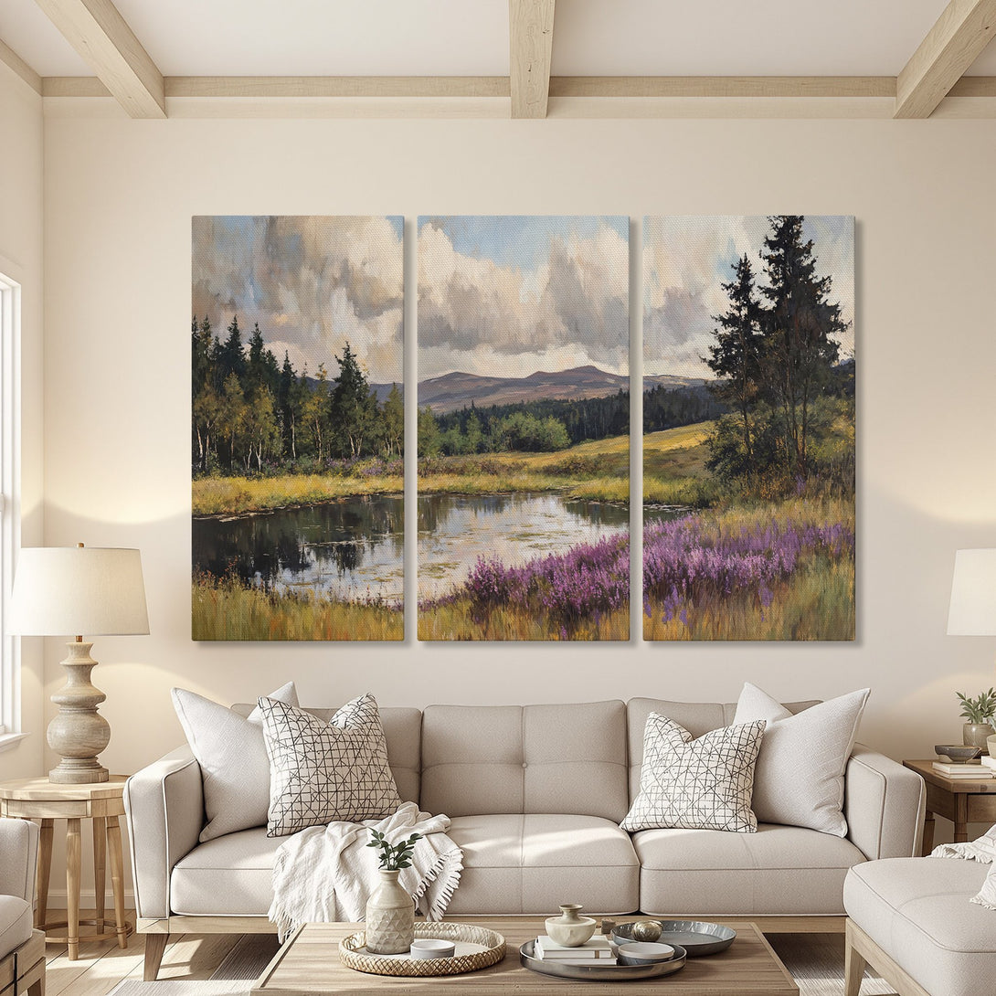Canvas Print landscape art with serene lake scene, featuring a muted color palette of greens, blues, and purples. Perfect for adding a touch of nature to your home.
