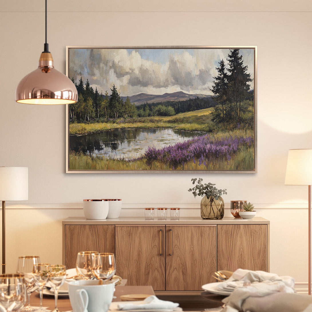Framed Wall Art: Landscape painting of a pond and trees in a natural setting. Earthy tones with pops of purple and green. Perfect for home decor.